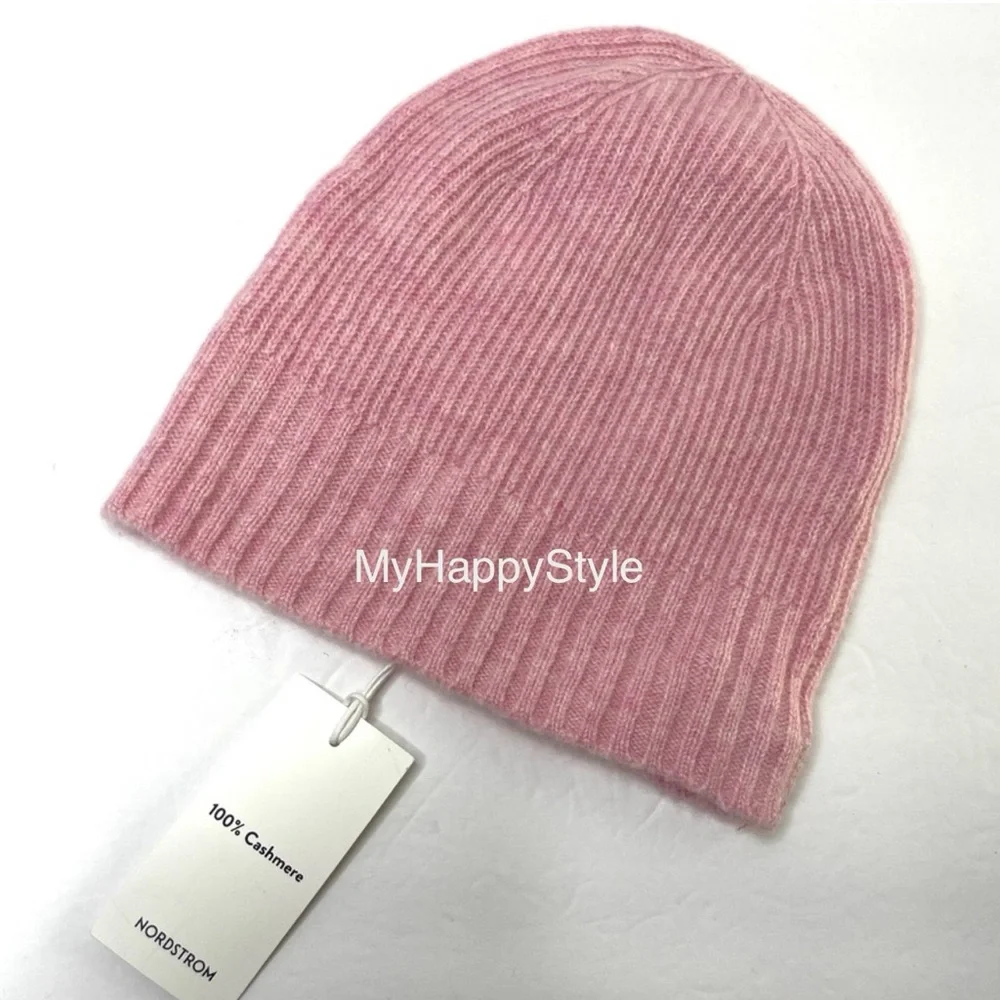 NORDSTROM 100% Cashmere NEW Pink Heathered Knit Beanie Hat